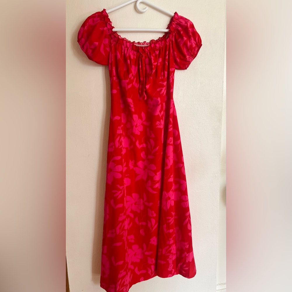 Red Floral Puff Sleeve Dress